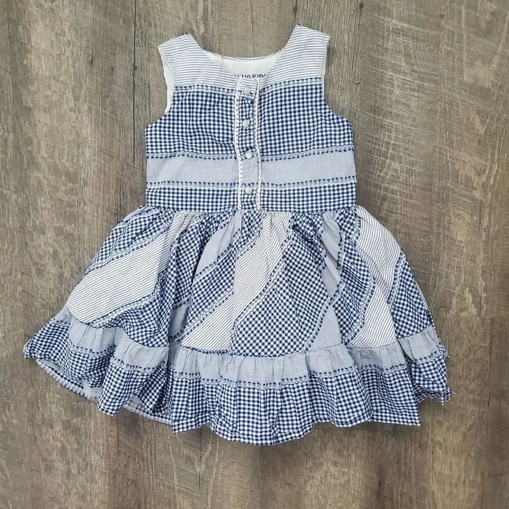 Genuine Kids OshKosh Girl Dress Size 4T Blue Gingham Patchwork Seersucker Cotton